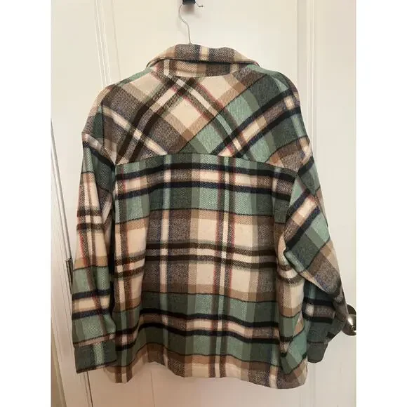 Zara Women's Large Button Down Shirt Check Plaid Beige Green Oversized Jacket - Picture 2 of 8